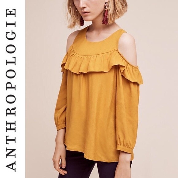 Anthropologie Maeve Brearly Open Shoulder Top Ruffle Blouse Yellow Boho 4 - Picture 1 of 13